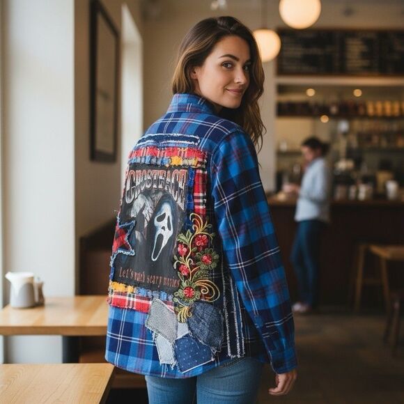 Upcycled Flannel Shirt Womens Large Shacket Ghostface Grunge Scary Movies Blue - Picture 9 of 16